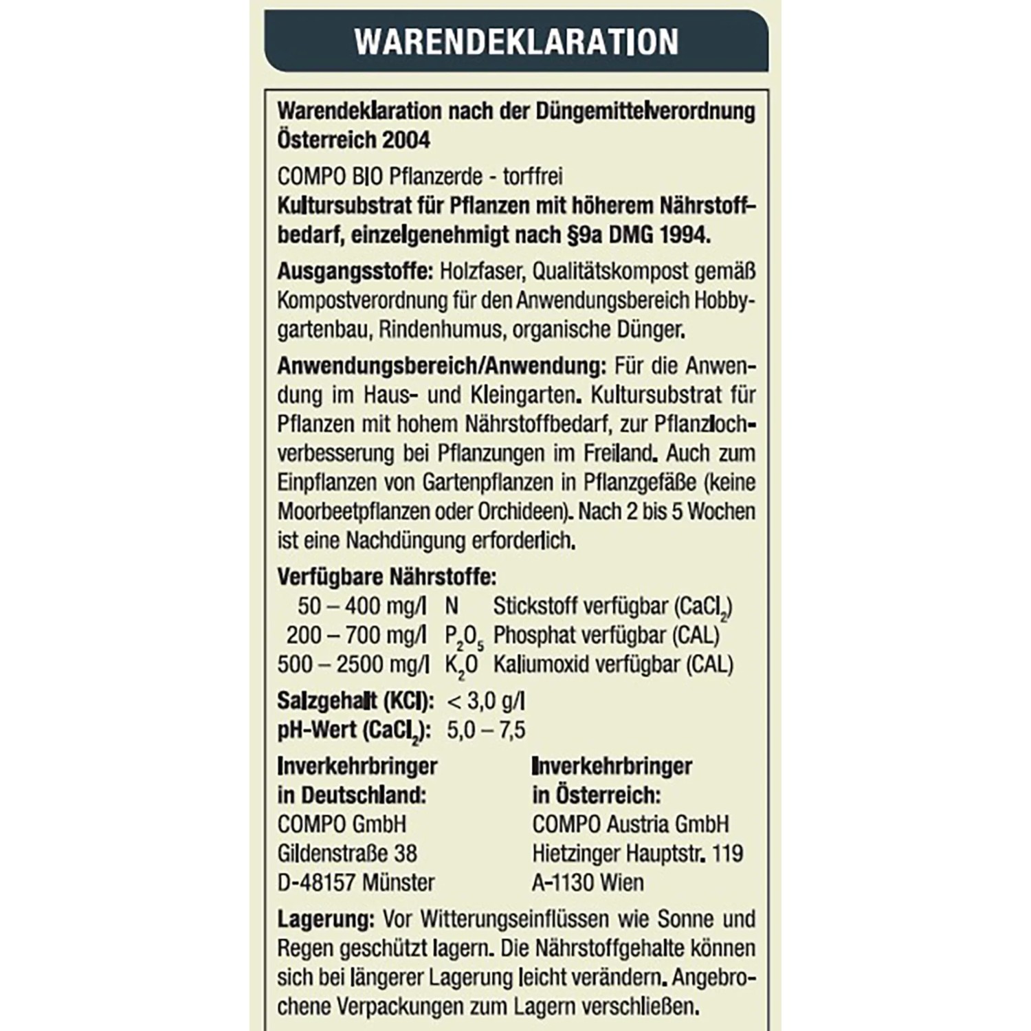 Nahaufnahme der Waren-Deklaration für Compo Bio Pflanzerde torffrei.