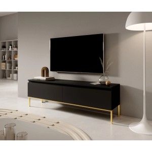 Modernes Selsey TV-Lowboard Bemmi, 150 cm, schwarz mit goldenen Metallbeinen. Minimalistischer TV-Schrank im Wohnzimmer.