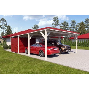 Doppelcarport Ralf mit Geräteraum, weißes Holz, rotes Dach, zwei Autos.