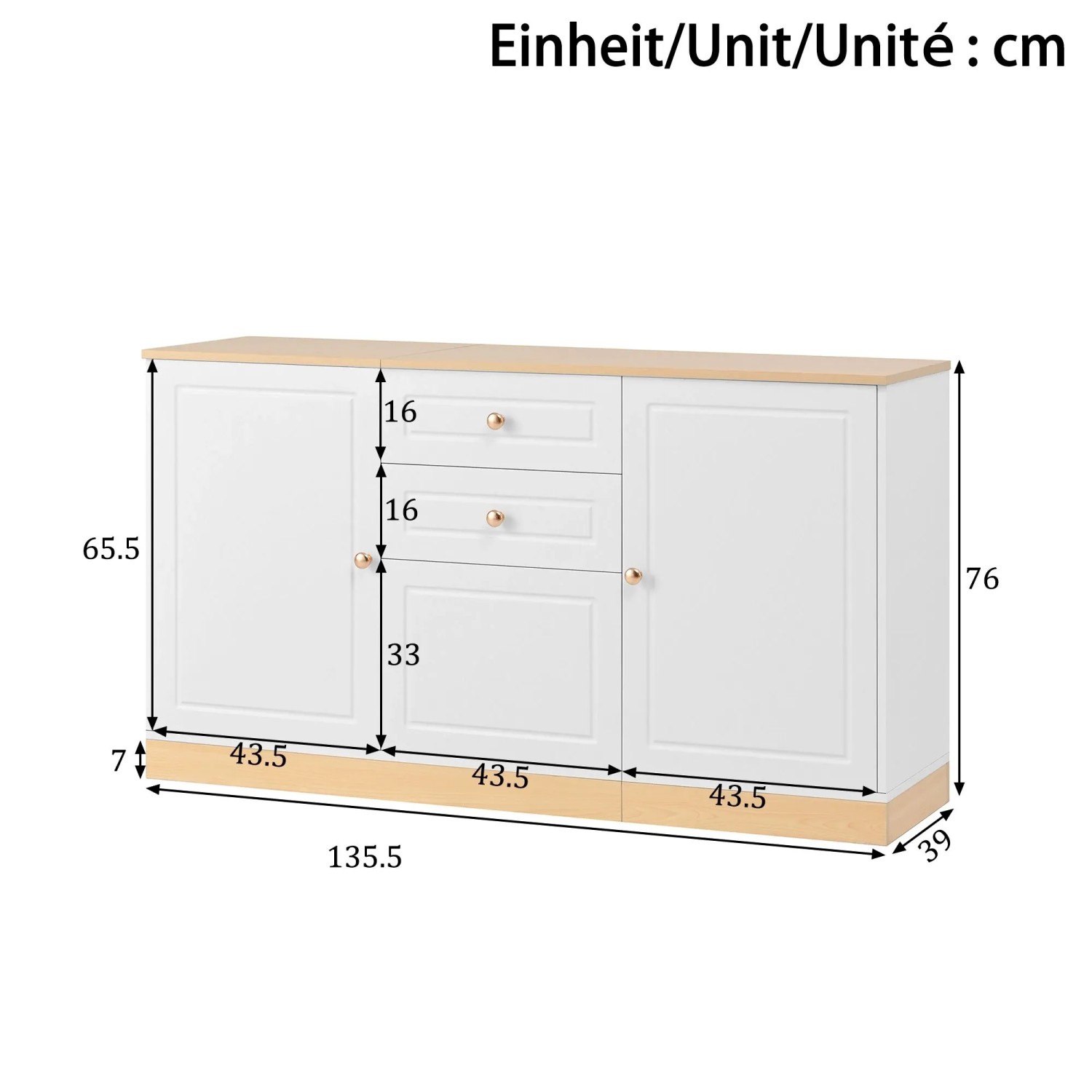 okwish Sideboard mit 3 Türen Doppelschubladen Wohnzimmer 135.5x76x39cm Weiß_5