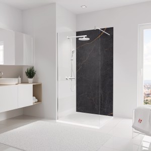Schulte Duschrückwand DecoDesign Marmor-Anthrazit-Kupfer, 255x125 cm, in moderner Dusche.