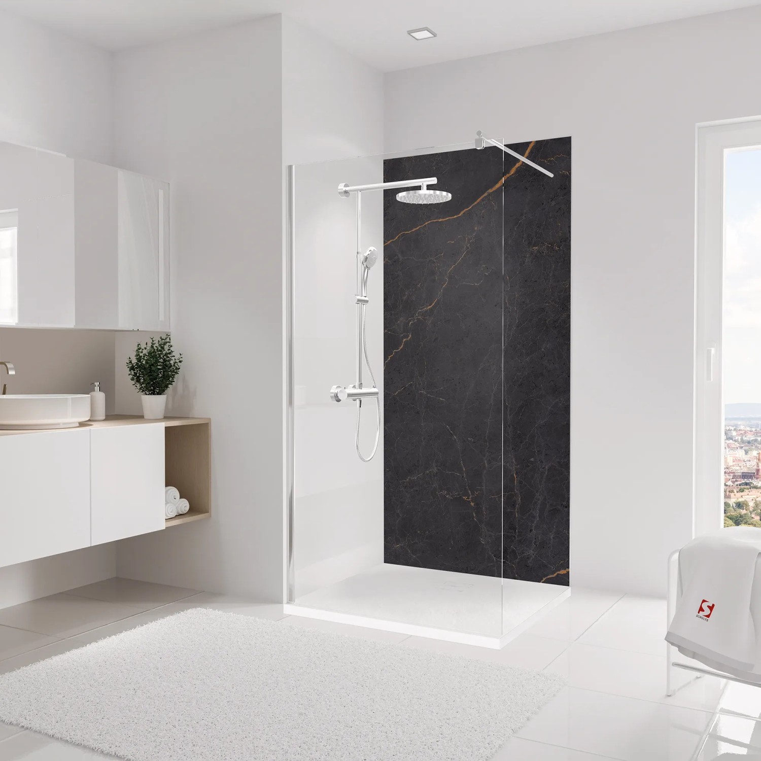 Schulte Duschrückwand DecoDesign Marmor-Anthrazit-Kupfer, 255x125 cm, in moderner Dusche.