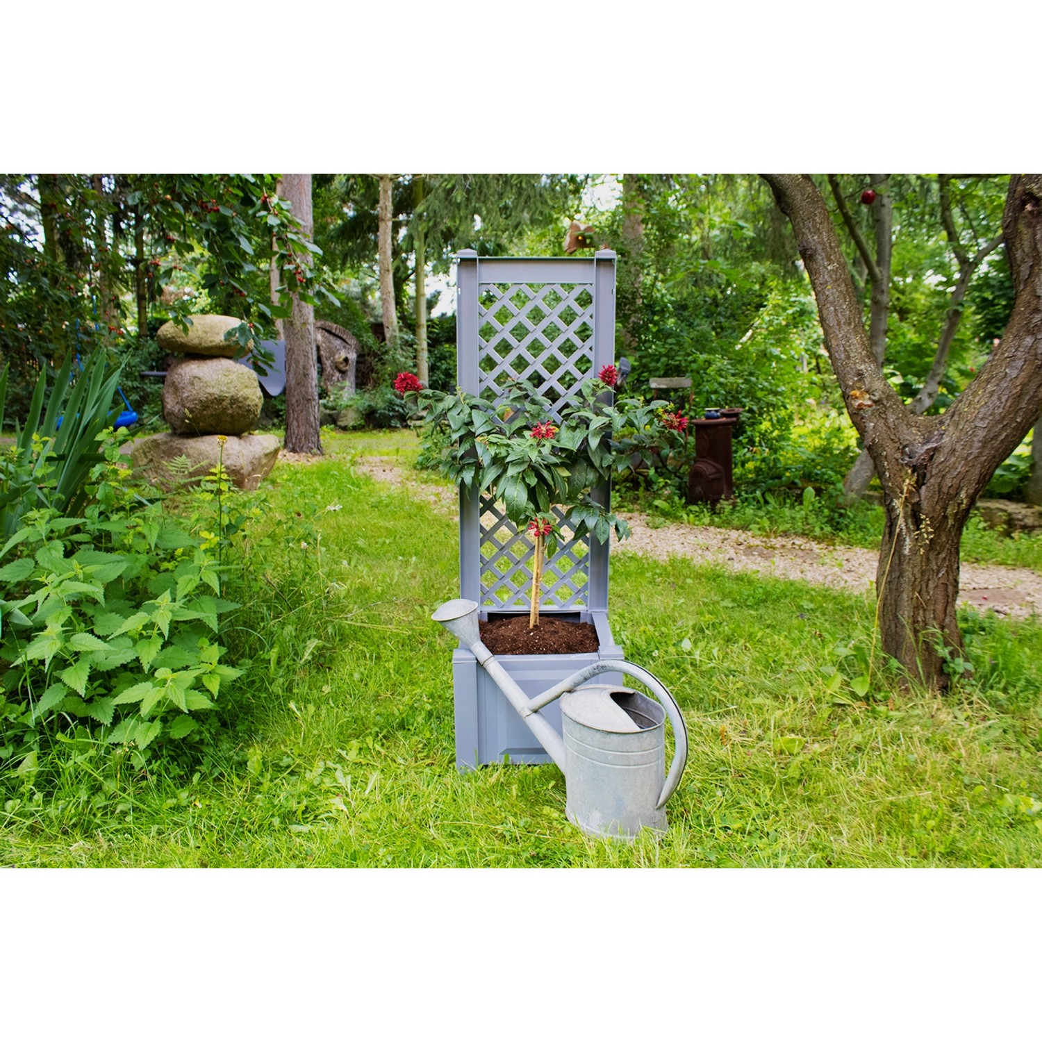 Grauer KHW Pflanzkasten mit Spalier und Bepflanzung im Garten, Gießkanne im Vordergrund.