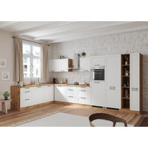 Held Winkelküche Kempten in Weiß/Wotan Optik, Landhausstil, ohne E-Geräte.