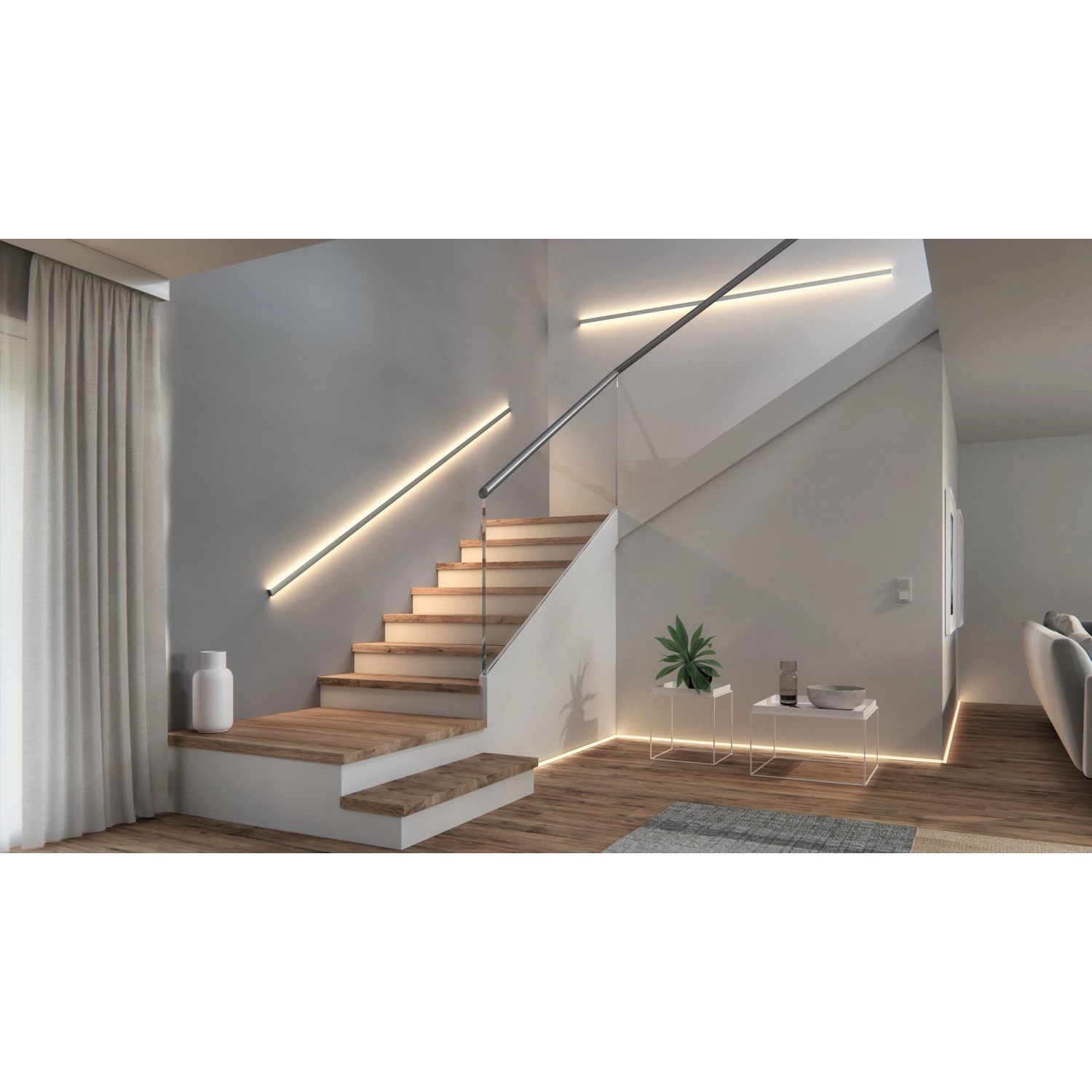 Beleuchtete Treppe mit Paulmann MaxLED Invisible Connector 3 m LED-Streifen.