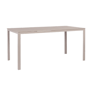 Moderner Gartentisch SARITA mit Holzoptik-Tischplatte und Stahlgestell.