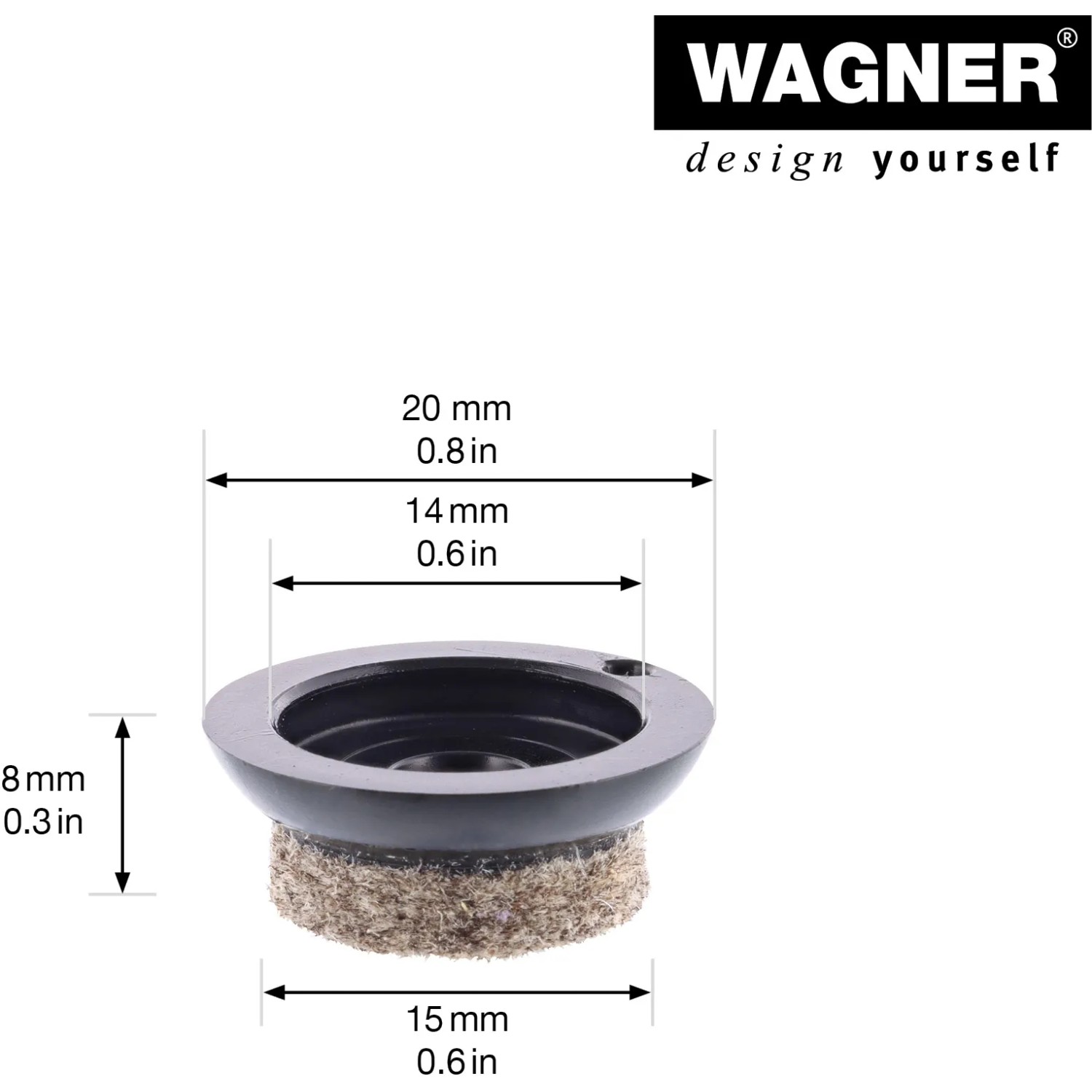 Wagner Verstellfuß Justus Slim, 4er Set. Möbelbein mit Filzgleiter und Maßangaben.