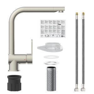 RIOS Spültisch-Armatur Edelstahl, Einhebelmischer mit Cold-Start-Funktion, schwenkbarem Auslauf und Montagezubehör.