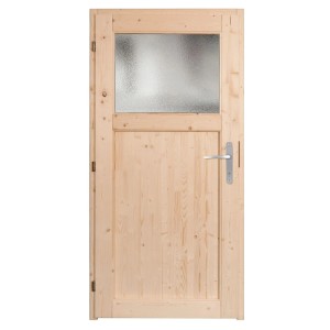 Nebeneingangstür Panto NET 501 aus Holz, Natur, mit Lichtausschnitt und silberfarbener Türklinke.
