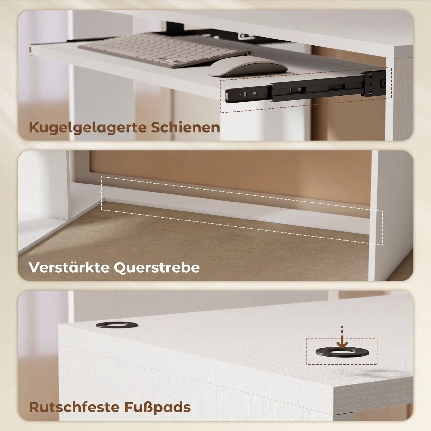 Details des HOMCOM Computertischs: Tastaturablage mit Kugellagerschienen, verstärkte Querstrebe, rutschfeste Fußpads. Weißer L-Schreibtisch.