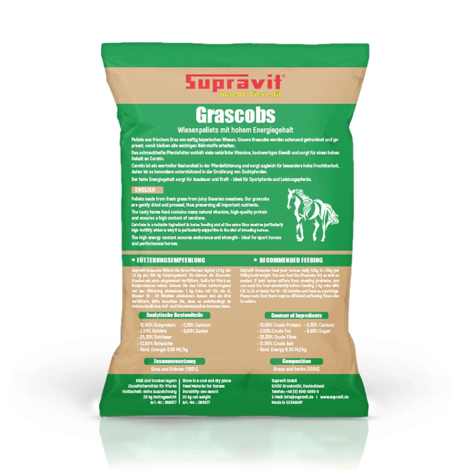 Grün-beiger 20 kg Supravit Grasobs Wiesenpellets Pferdefutter Sack mit Pferdesilhouette.