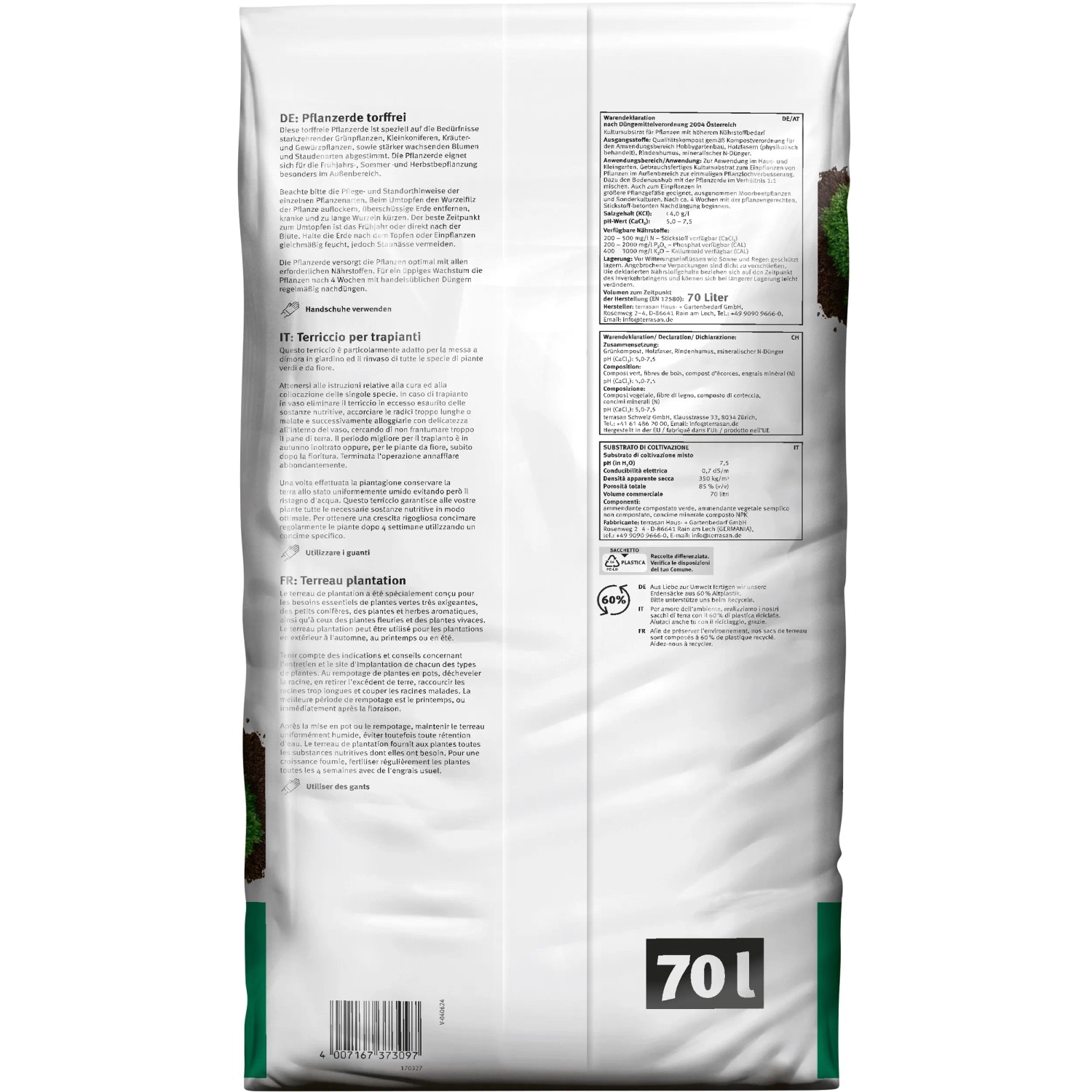 Sack Pflanzerde torffrei, 70 Liter, geeignet für Hecken, Stauden und Büsche.