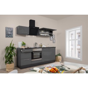 Respekta Premium Küchenzeile 210 cm in Grau Hochglanz-Eiche Grau mit E-Geräten und Lifttüren.