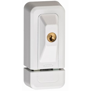 Weißes Abus Fensterschloss 3010 für erhöhte Sicherheit, inklusive zwei Schlüssel.