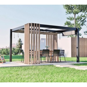 Sojag Pavillon Lito 1012 mit Sonnensegel, schwarz-graue Terrassenüberdachung mit Holzdekor und Möbeln.
