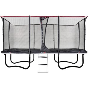 Schwarzes EXIT PeakPro Gartentrampolin (275x458 cm) mit Sicherheitsnetz und Leiter.