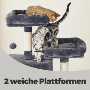 Feandrea Kratzbaum, 206 cm, rauchgrau mit zwei Katzen auf weichen Plattformen.