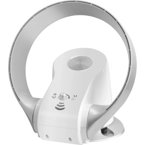 Weiß-silberner, rotorloser OBI Bodenventilator mit Fernbedienung für kräftigen Luftzug.