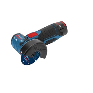 Bosch Professional Akku-Winkelschleifer GWS 12 V-76, blau-schwarz, mit Schutzhaube und Trennscheibe.