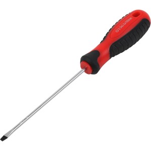 Schlitz-Schraubendreher (3,5 mm x 100 mm) mit rot-schwarzem Griff für Schraubarbeiten.