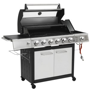 El Fuego Edelstahl-Gasgrill Long Beach mit 6 Brennern, Seitenbrenner, Unterschrank und Ablagen.