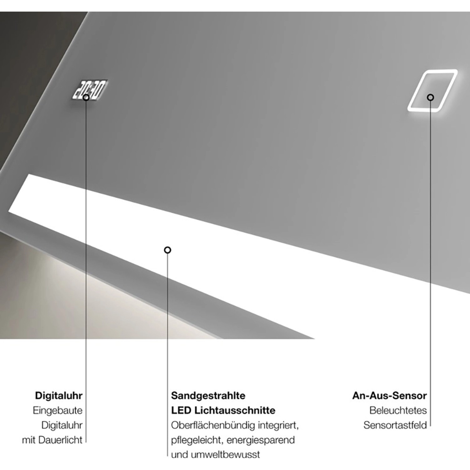 Detailaufnahme: DSK Design LED-Lichtspiegel Silver Conde 100x60 cm mit Digitaluhr und Touchsensor.