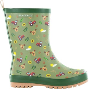 Grüne Blackfox Kinderstiefel Robin Gr. 22 mit Traktor- und Hundemuster für Garten und Freizeit.