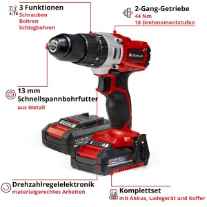 Einhell Akku-Schlagbohrschrauber TE-CD 18 mit Akkus und Koffer.