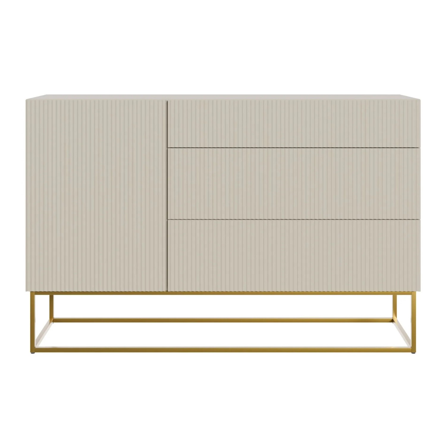 Modernes Selsey Sideboard Veldio, Greige, geriffelte Fronten, 3 Schubladen, 1 Tür, goldene Metallbeine.