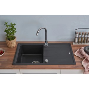 Respekta Columbia Granitspüle, 78x50 cm, Schwarz, mit Abtropffläche und Armatur. Ideal für moderne Küchen.