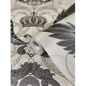 Glööckler Vliestapete mit Adlerflügeln, Ketten und Krone in Beige und Silber.