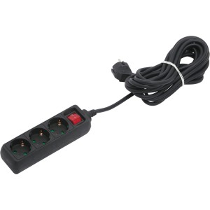 Schwarze 3-fach Steckdosenleiste mit Schalter und 5 m Kabel für den Innenbereich.