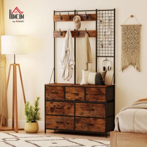 HOMCOM Garderobe rustikal-braun mit schwarzem Stahlrahmen, Haken, Gitter und 7 Stoffschubladen im Industriedesign.
