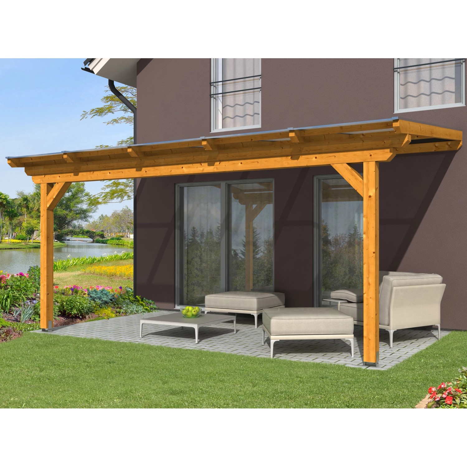 Skan Holz Terrassenüberdachung Ancona, 541x400 cm, Leimholz Eiche hell mit Polycarbonat-Doppelstegplatten.