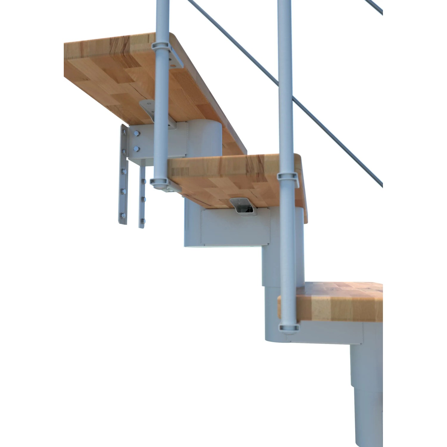 Detailansicht der Minka Mittelholmtreppe Comfort Top: Buche-Stufen und weiße Metallkonstruktion.