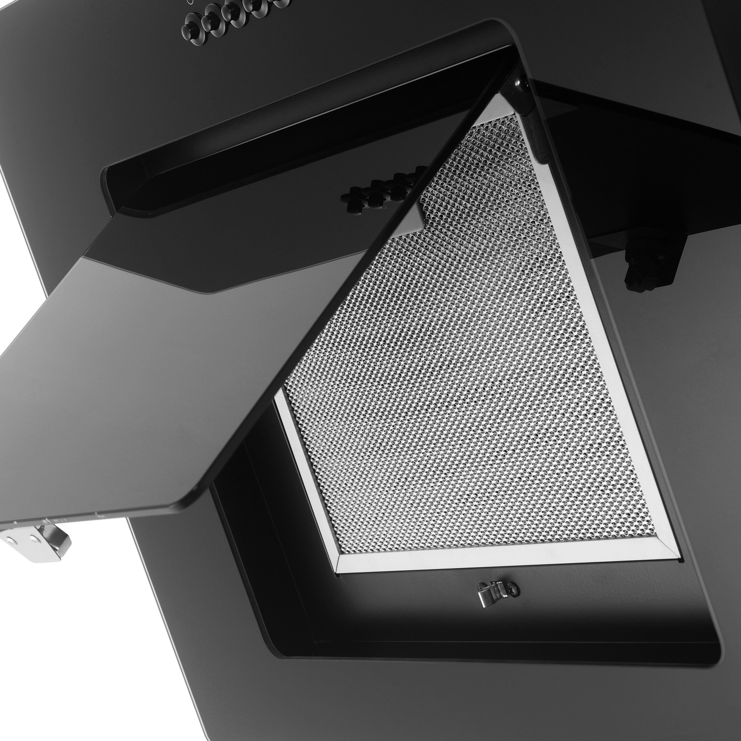 Detailaufnahme der Respekta Schräghaube (Küchenzeile) mit geöffneter Glasfront und eingesetztem Metallfilter.