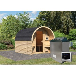Karibu Fasshaus 2 mit 9kW Ofen und externer Steuerung Easy. Saunahaus aus Fichte mit Ofen und Steuerung.