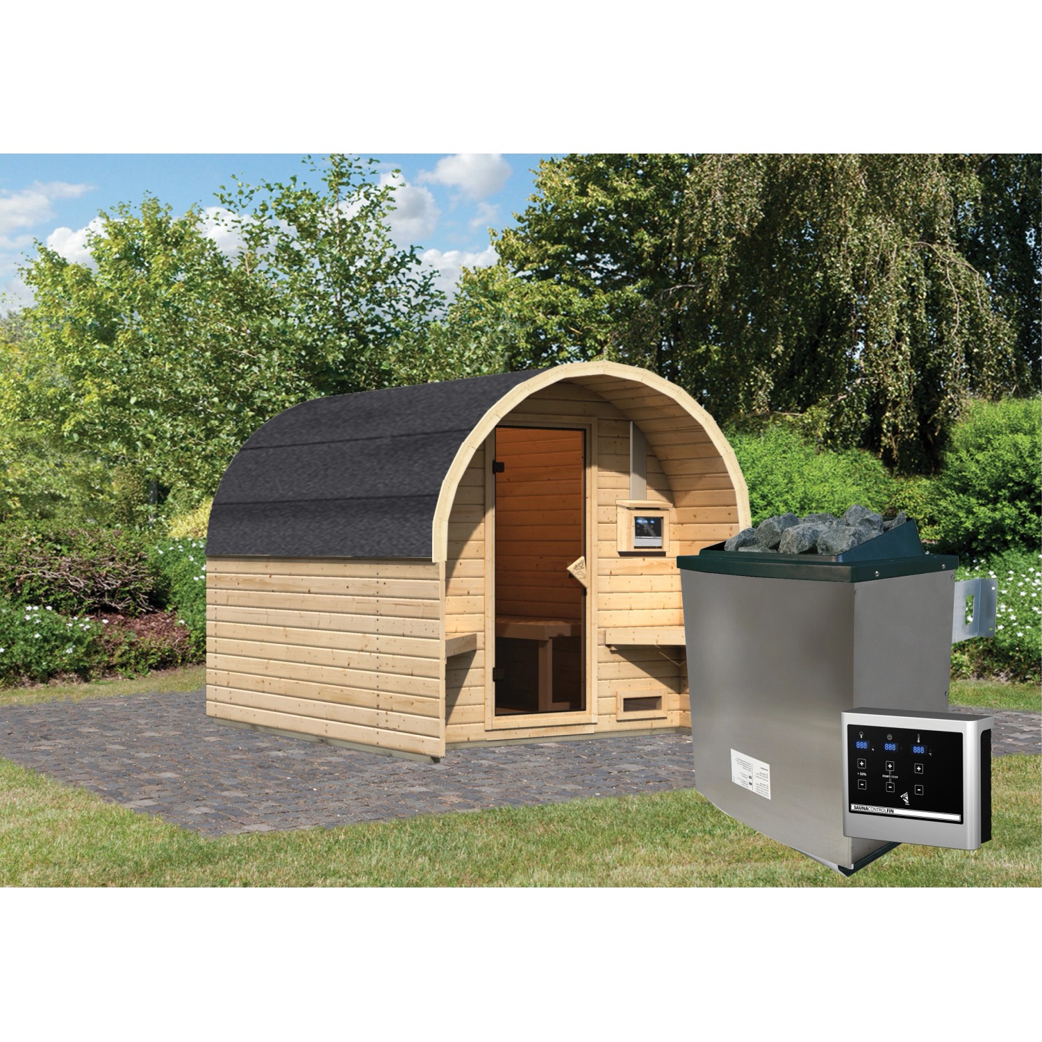 Karibu Fasshaus 2 mit 9kW Ofen und externer Steuerung Easy. Saunahaus aus Fichte mit Ofen und Steuerung.