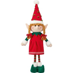 Weihnachtsdeko Elfenmädchen aus Polyester, rot-grün, mit Zipfelmütze, Zöpfen und gestreiften Beinen. Festliche Weihnachtsfigur.