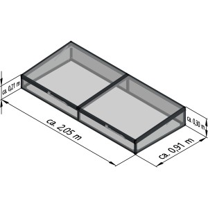 KGT Frühbeetaufsatz 210, anthrazit-grau, 2,05x0,90m, für Hochbeet. Detailansicht mit Maßangaben.
