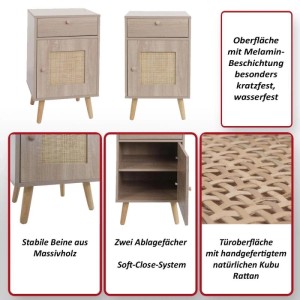 Beistelltisch M36 aus Holz mit Schublade und Rattantür für das Wohnzimmer.