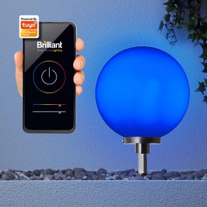 Weiße LED-Gartenstrahler-Spießleuchte Thore mit Smartphone-Steuerung und blauer Beleuchtung.
