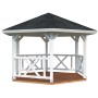 Palmako Pavillon Betty, 384x337 cm, weiß lackiert, mit Geländer und dunklem Dach.