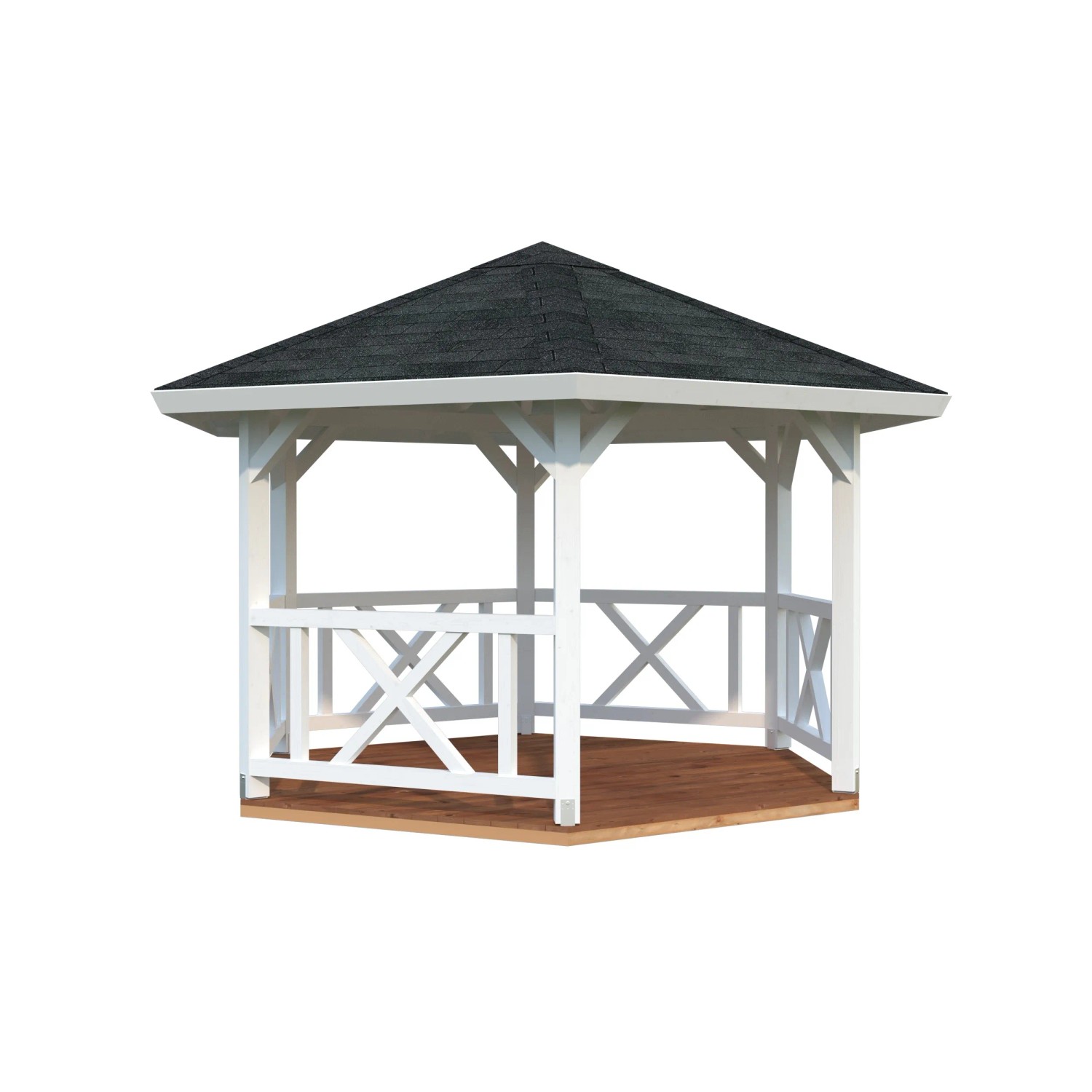 Palmako Pavillon Betty, 384x337 cm, weiß lackiert, mit Geländer und dunklem Dach.