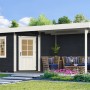 Modernes Weka Gartenhaus San Remo A in Anthrazit-Weiß mit Terrasse und Gartenmöbeln.