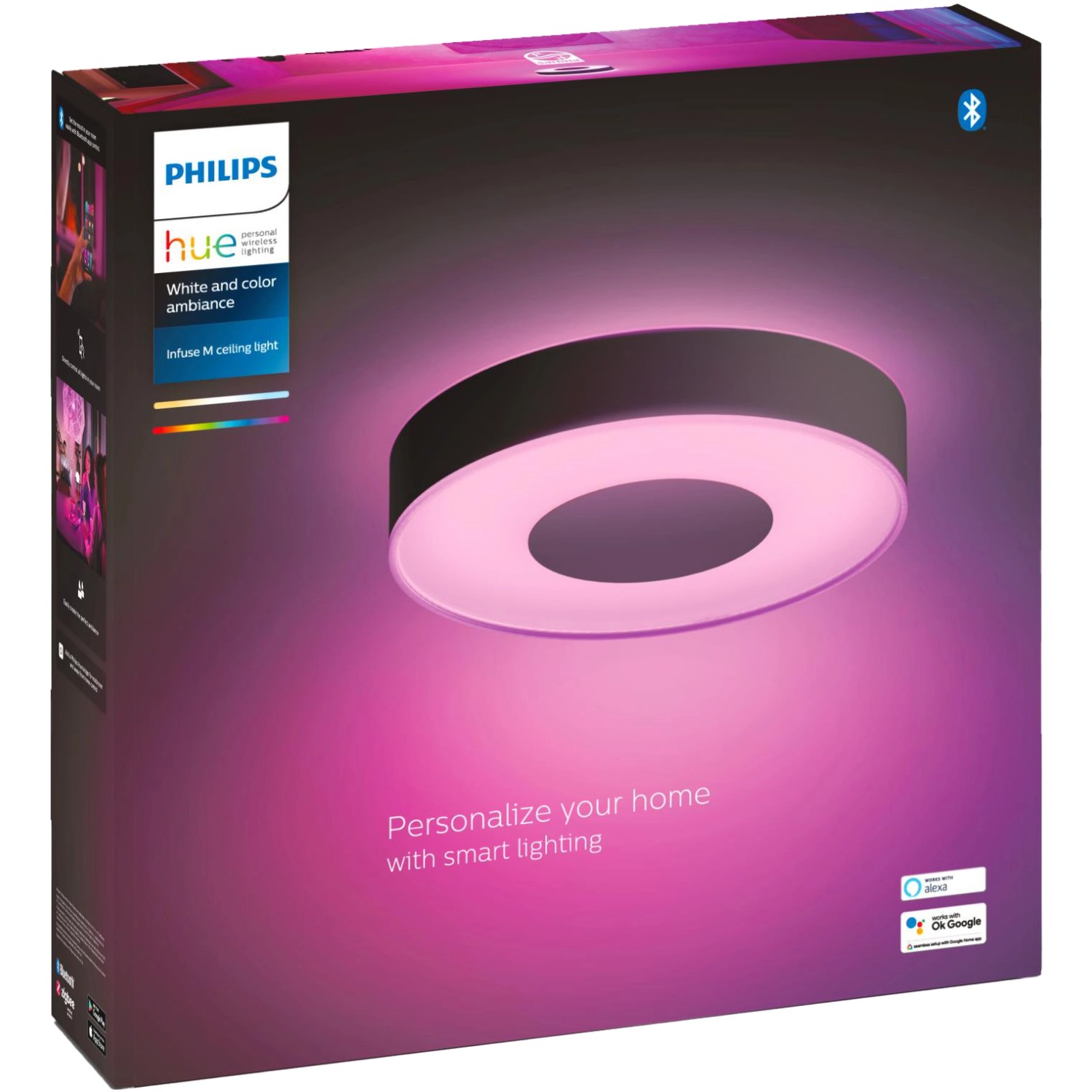 Verpackung der Philips Hue Infuse M Deckenleuchte in Schwarz mit Farblicht.
