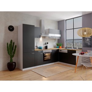 Moderne Respekta Winkelküche in Schwarz-Weiß mit Nussbaum Arbeitsplatte und Elektrogeräten.