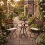 2er Set Biergartenstühle mit Polster und Tisch im Garten mit Rosen