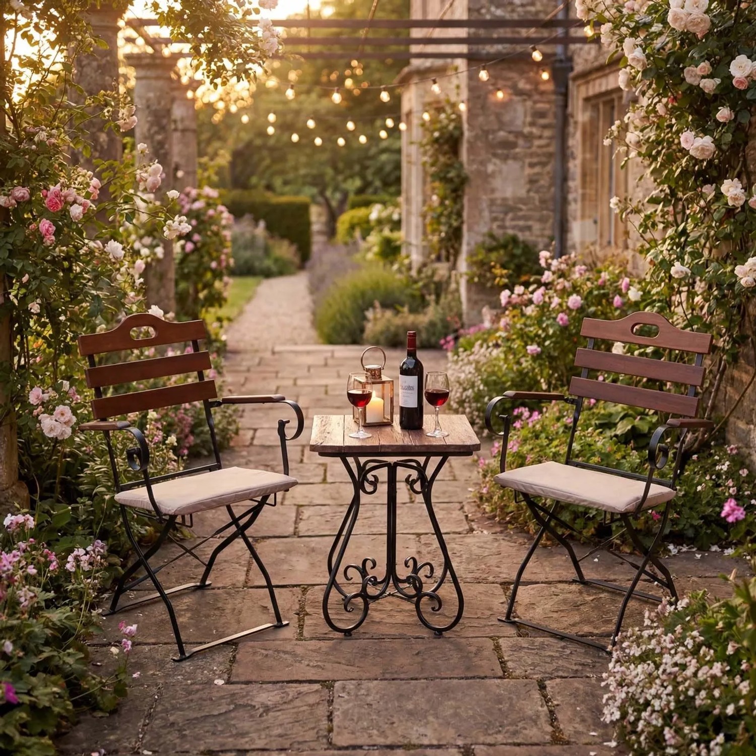 2er Set Biergartenstühle mit Polster und Tisch im Garten mit Rosen