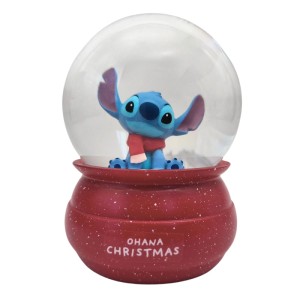 Disney Schneekugel Stitch, 11 cm. Blauer Stitch mit rotem Schal in Kugel, roter Sockel mit "OHANA CHRISTMAS". Weihnachtsdekoration.